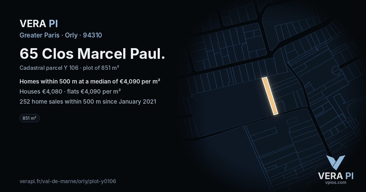 65 Clos Marcel Paul, Orly at night – the plot lit, the parcels around coloured by the prices near them