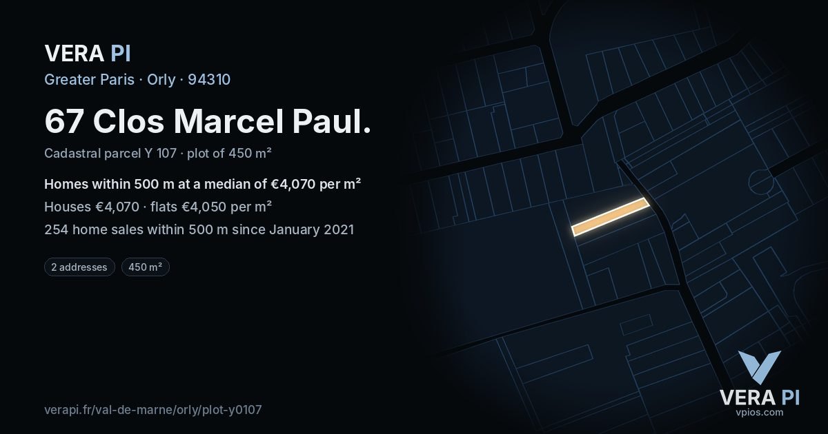 67 Clos Marcel Paul, Orly at night – the plot lit, the parcels around coloured by the prices near them