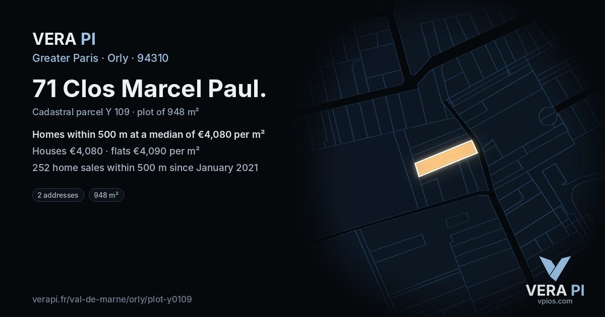 71 Clos Marcel Paul, Orly at night – the plot lit, the parcels around coloured by the prices near them