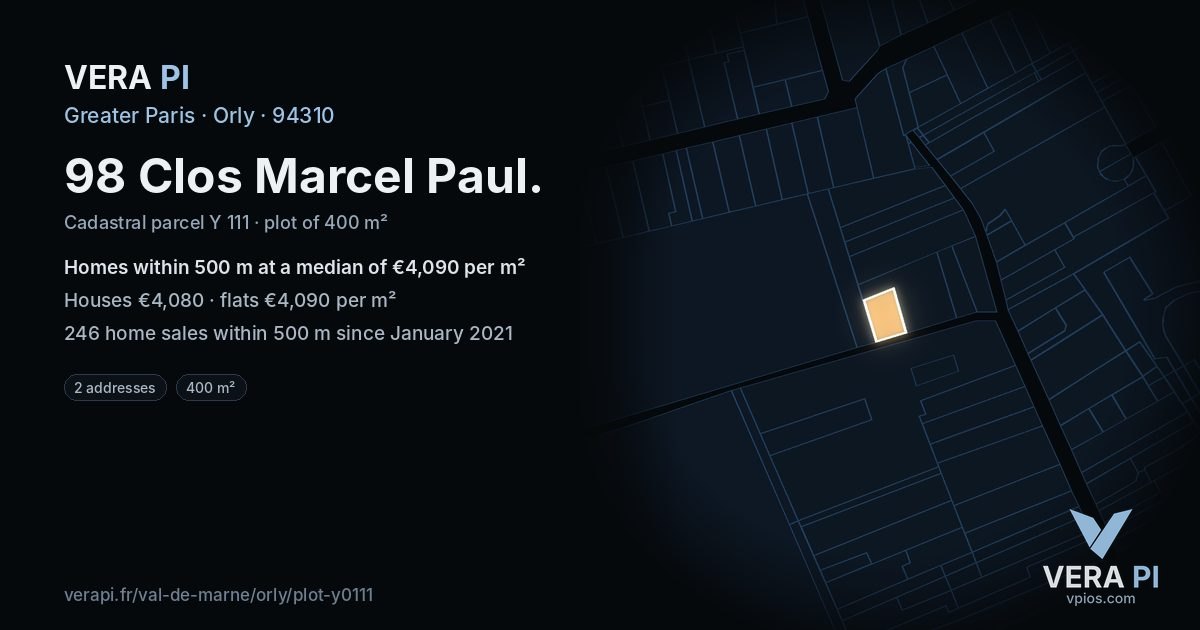 98 Clos Marcel Paul, Orly at night – the plot lit, the parcels around coloured by the prices near them