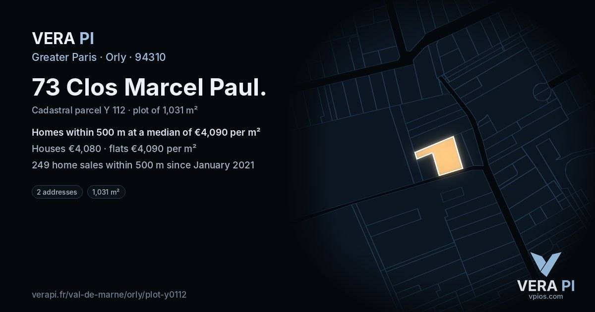 73 Clos Marcel Paul, Orly at night – the plot lit, the parcels around coloured by the prices near them