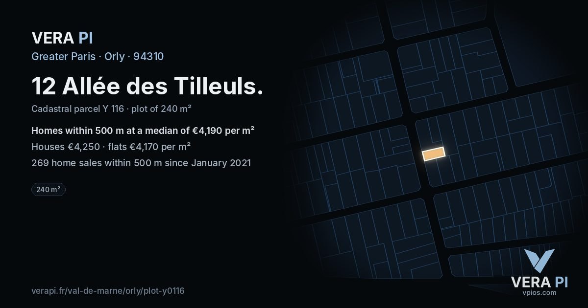 12 Allée des Tilleuls, Orly at night – the plot lit, the parcels around coloured by the prices near them