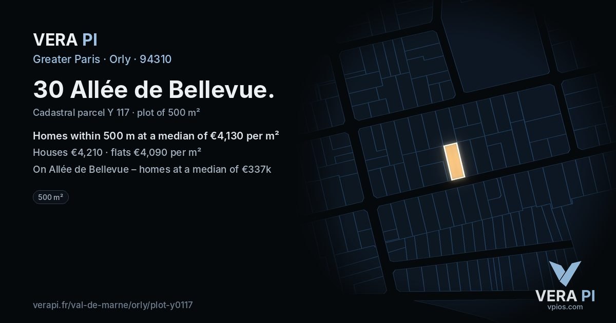 30 Allée de Bellevue, Orly at night – the plot lit, the parcels around coloured by the prices near them