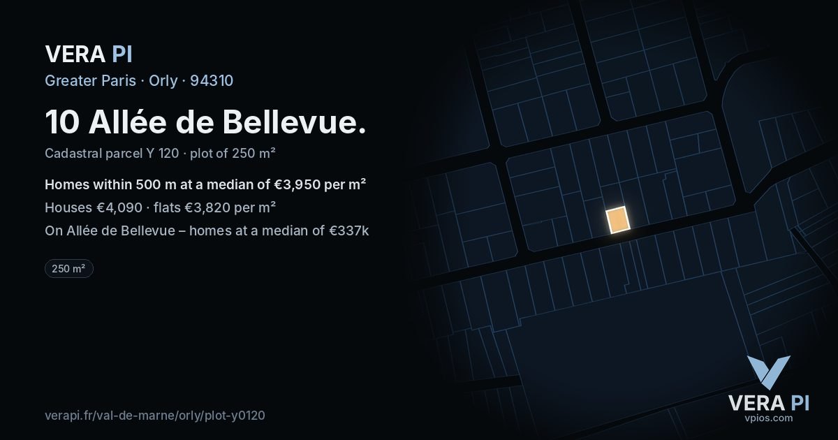 10 Allée de Bellevue, Orly at night – the plot lit, the parcels around coloured by the prices near them