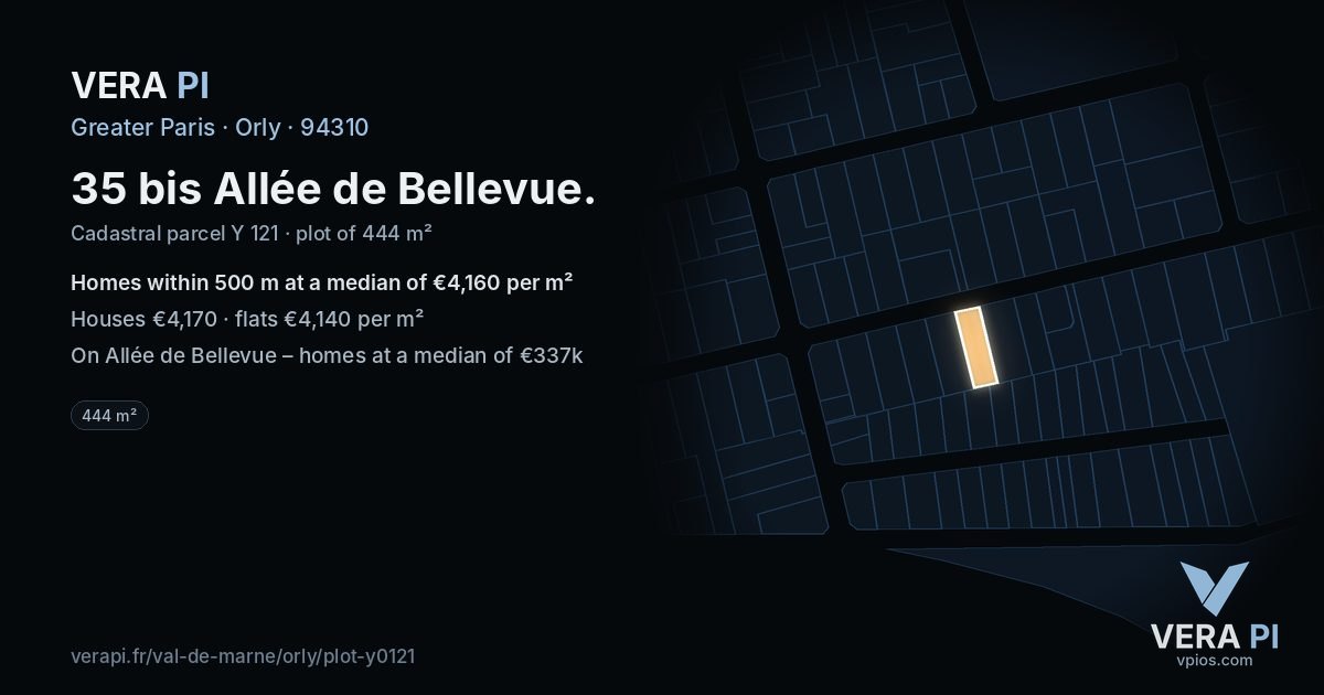 35 bis Allée de Bellevue, Orly at night – the plot lit, the parcels around coloured by the prices near them