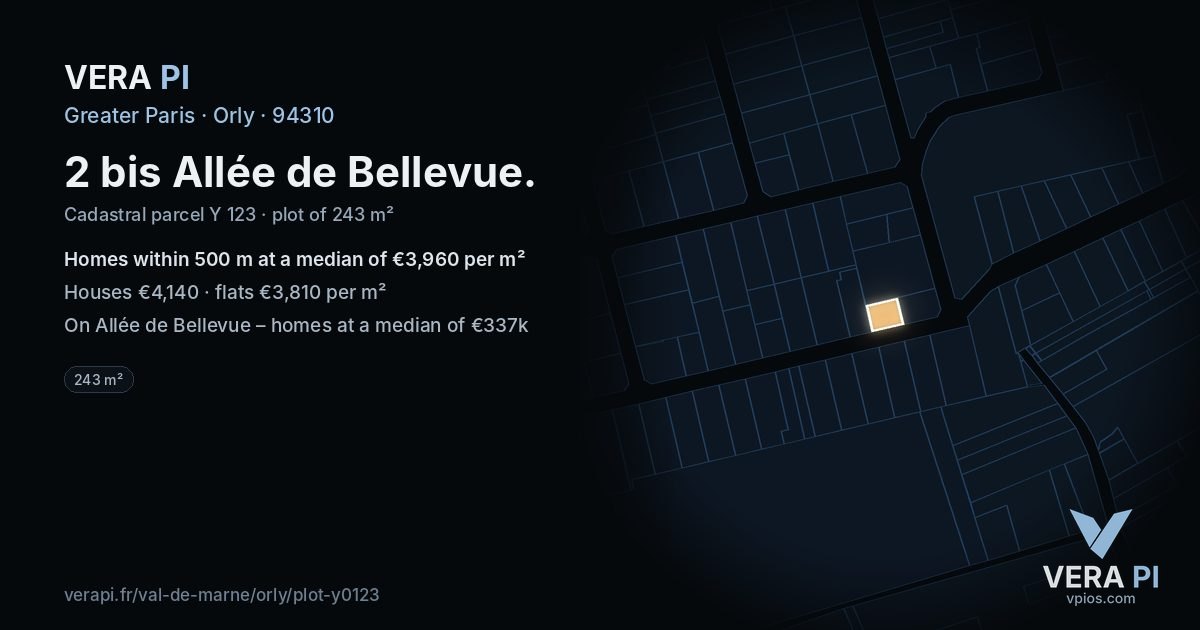 2 bis Allée de Bellevue, Orly at night – the plot lit, the parcels around coloured by the prices near them