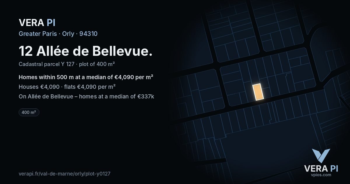 12 Allée de Bellevue, Orly at night – the plot lit, the parcels around coloured by the prices near them