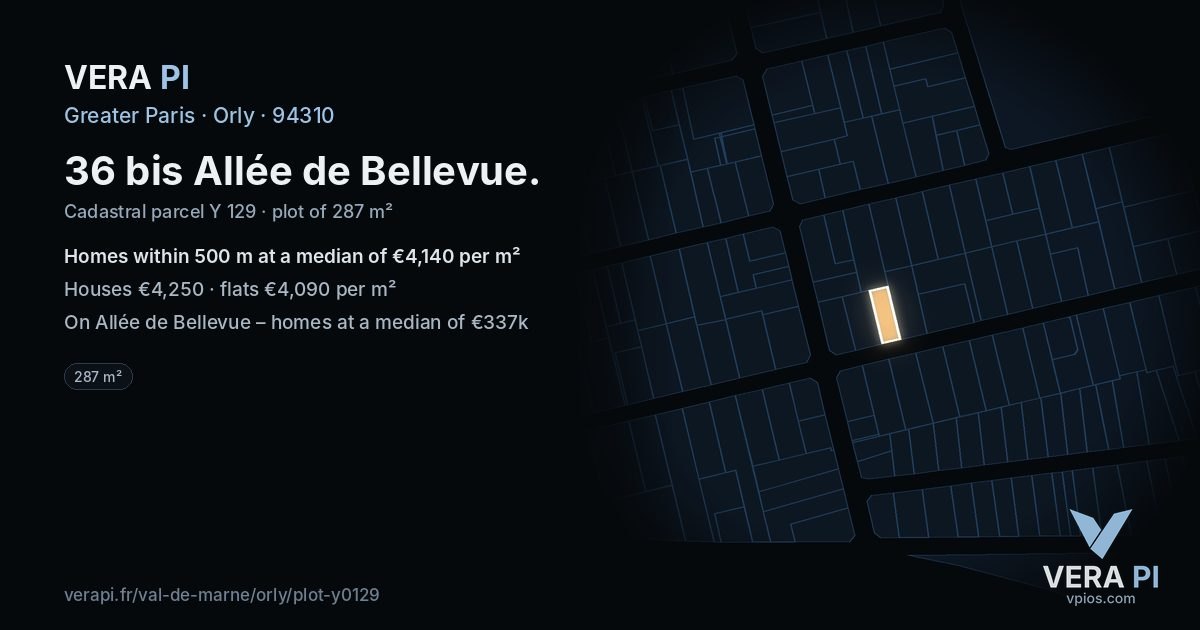 36 bis Allée de Bellevue, Orly at night – the plot lit, the parcels around coloured by the prices near them