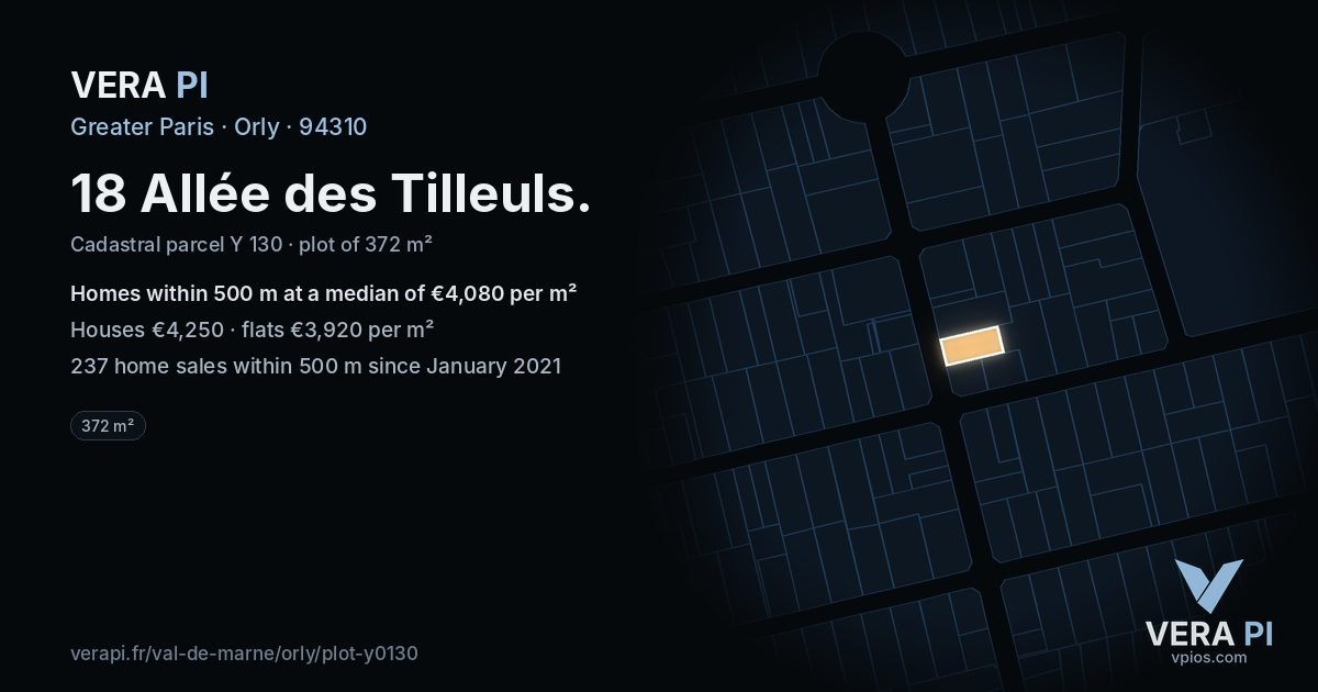 18 Allée des Tilleuls, Orly at night – the plot lit, the parcels around coloured by the prices near them
