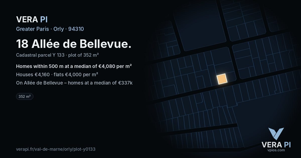18 Allée de Bellevue, Orly at night – the plot lit, the parcels around coloured by the prices near them