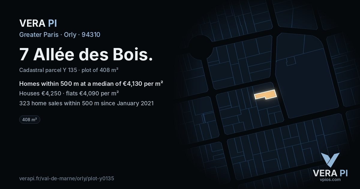7 Allée des Bois, Orly at night – the plot lit, the parcels around coloured by the prices near them