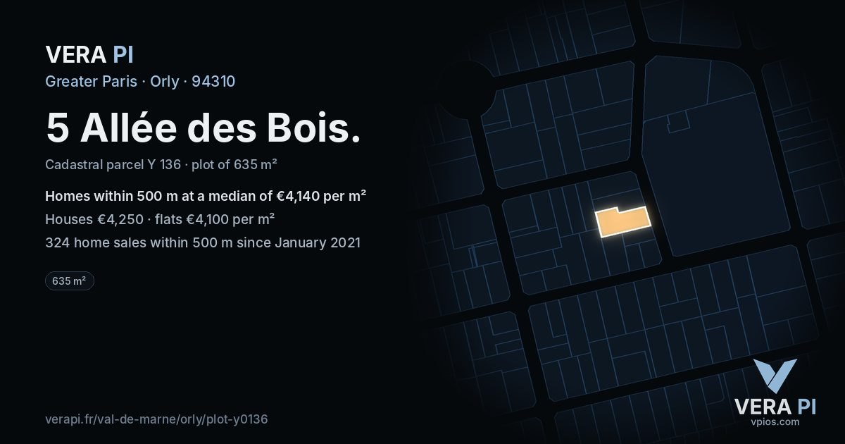 5 Allée des Bois, Orly at night – the plot lit, the parcels around coloured by the prices near them