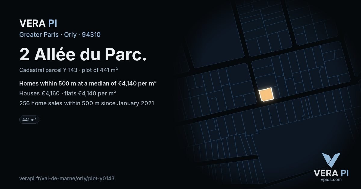 2 Allée du Parc, Orly at night – the plot lit, the parcels around coloured by the prices near them