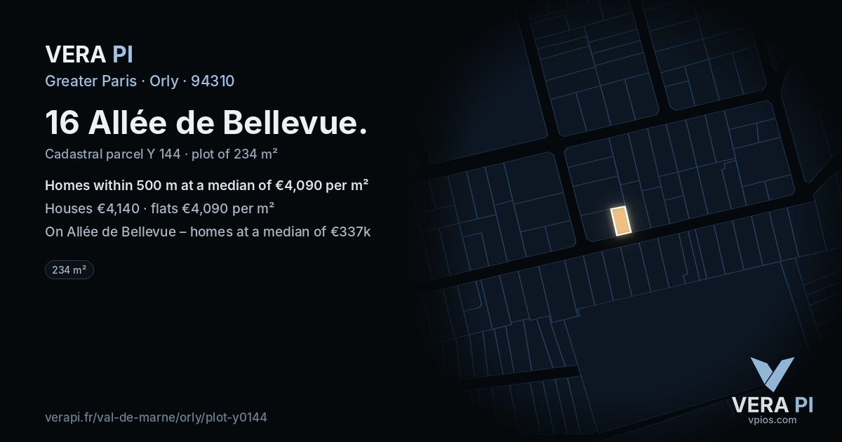 16 Allée de Bellevue, Orly at night – the plot lit, the parcels around coloured by the prices near them