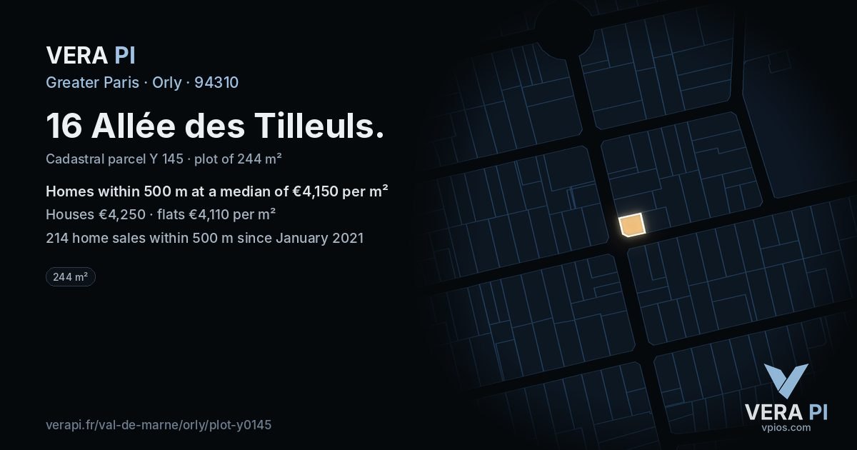 16 Allée des Tilleuls, Orly at night – the plot lit, the parcels around coloured by the prices near them