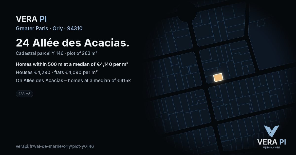 24 Allée des Acacias, Orly at night – the plot lit, the parcels around coloured by the prices near them