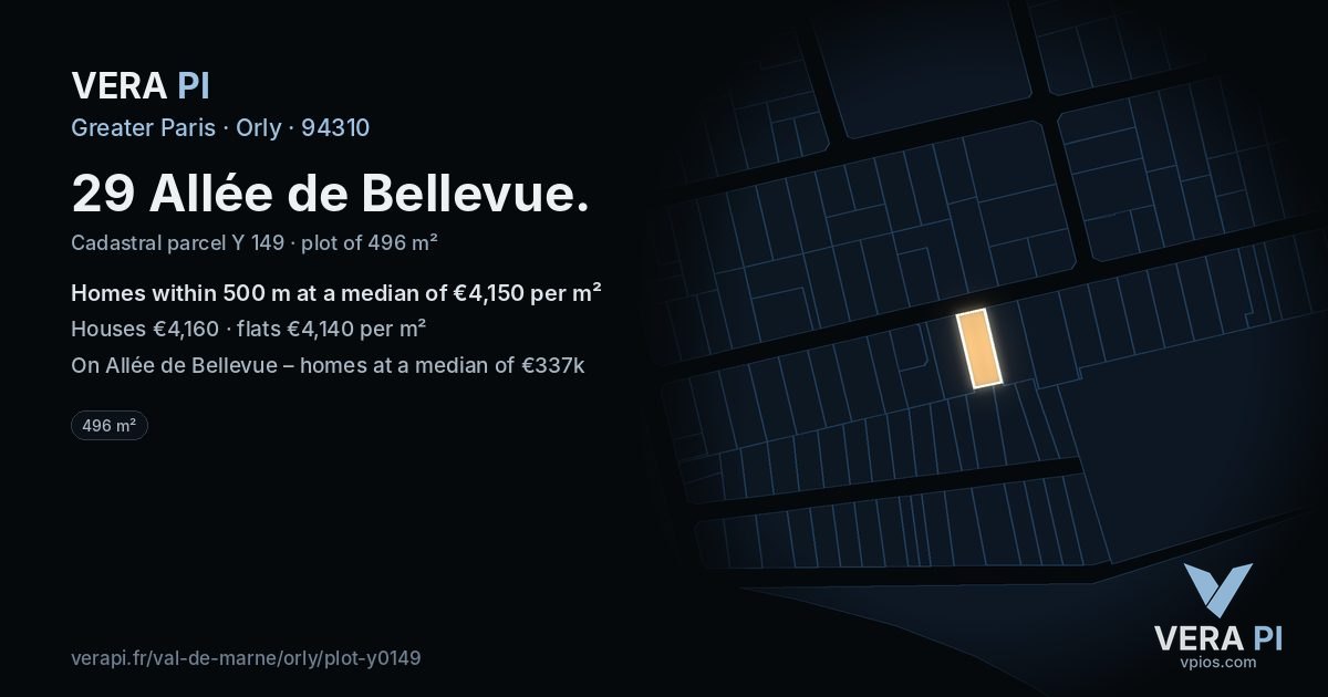 29 Allée de Bellevue, Orly at night – the plot lit, the parcels around coloured by the prices near them