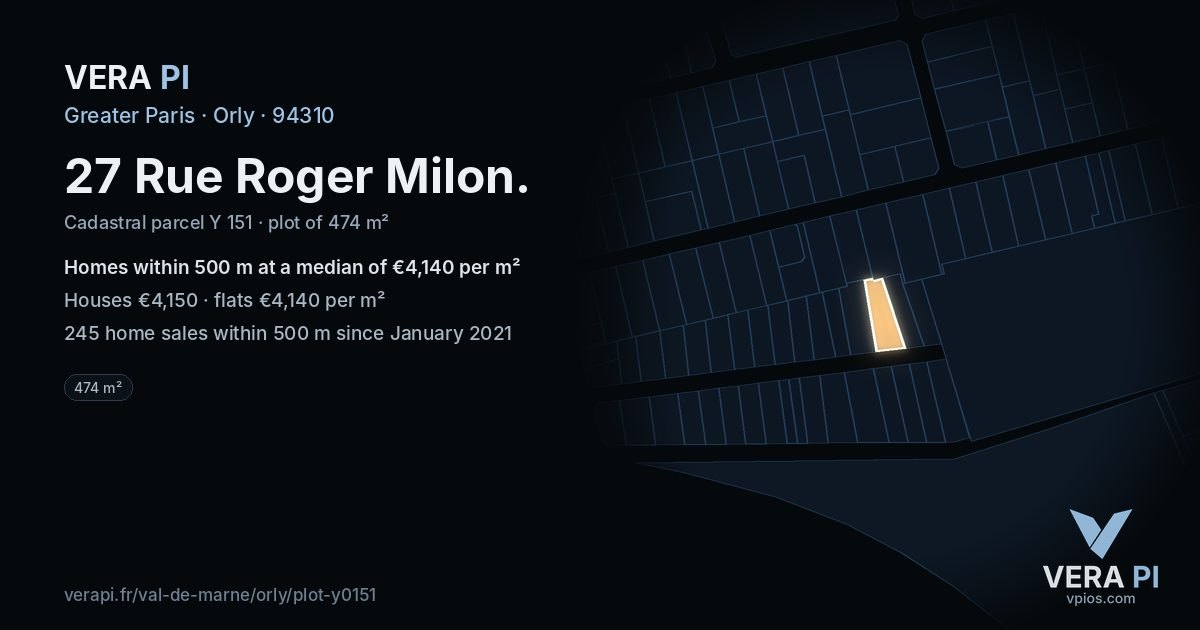 27 Rue Roger Milon, Orly at night – the plot lit, the parcels around coloured by the prices near them