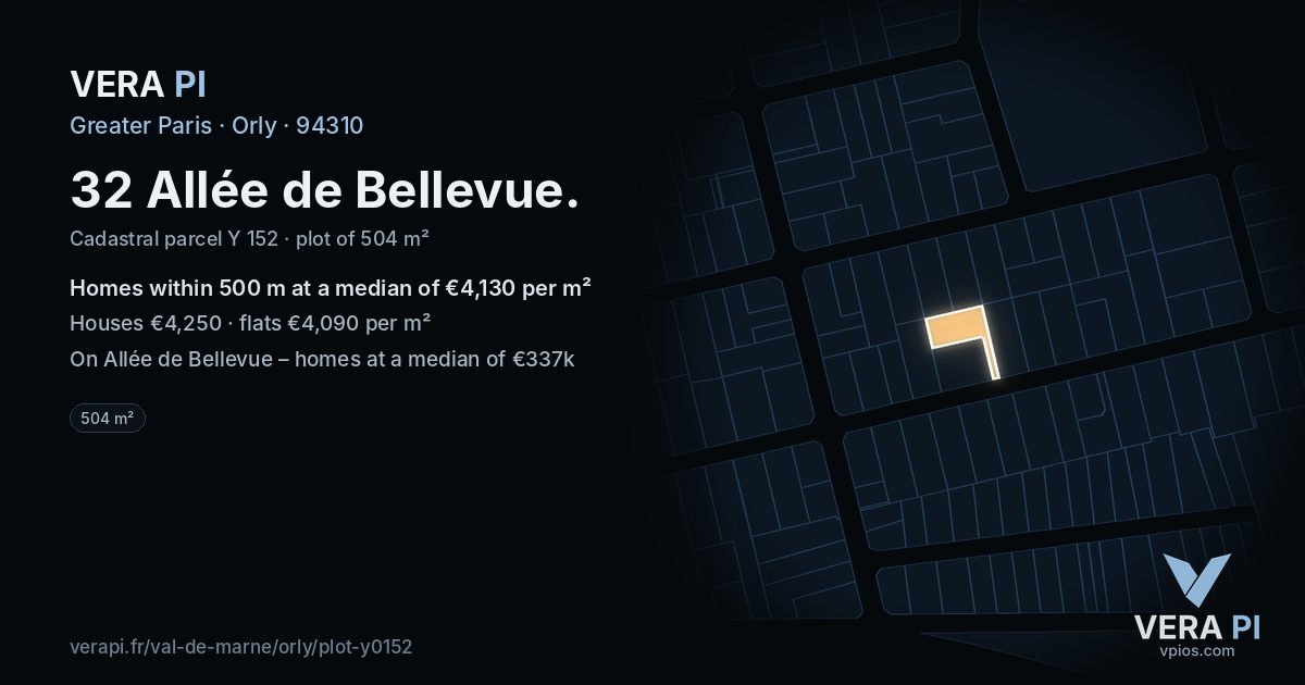 32 Allée de Bellevue, Orly at night – the plot lit, the parcels around coloured by the prices near them