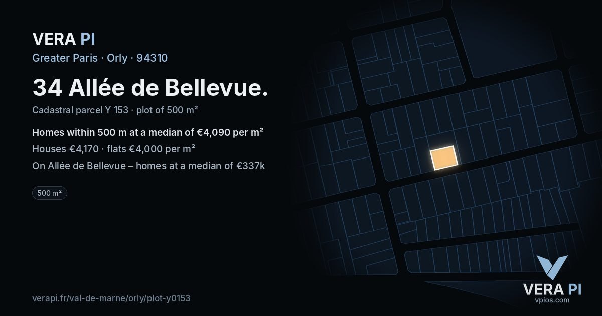 34 Allée de Bellevue, Orly at night – the plot lit, the parcels around coloured by the prices near them