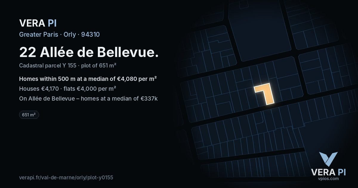 22 Allée de Bellevue, Orly at night – the plot lit, the parcels around coloured by the prices near them