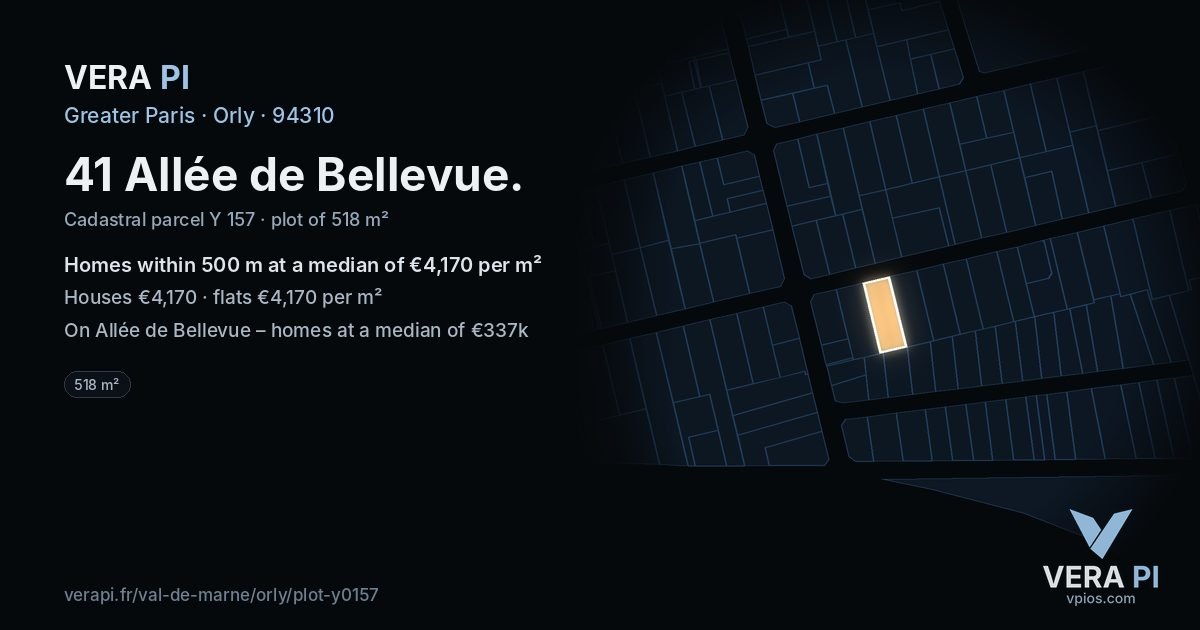 41 Allée de Bellevue, Orly at night – the plot lit, the parcels around coloured by the prices near them