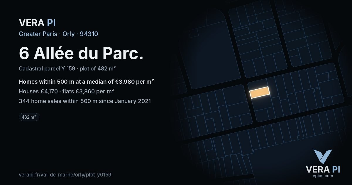 6 Allée du Parc, Orly at night – the plot lit, the parcels around coloured by the prices near them