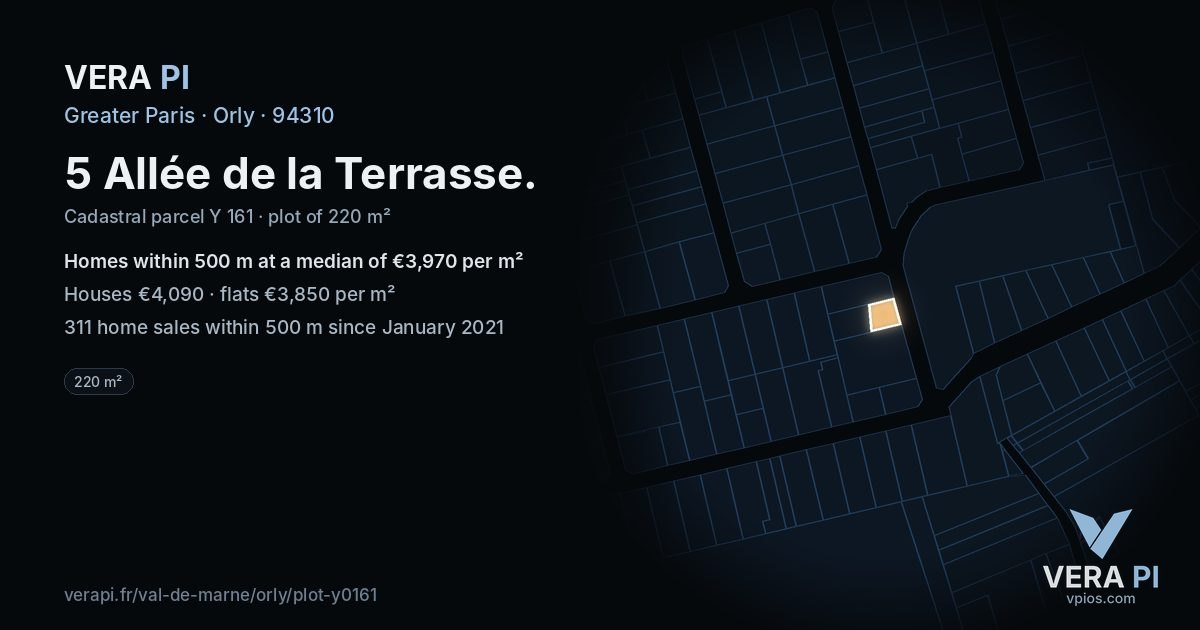 5 Allée de la Terrasse, Orly at night – the plot lit, the parcels around coloured by the prices near them