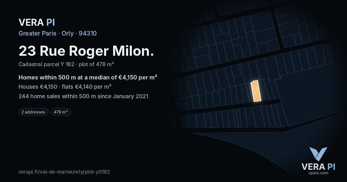 23 Rue Roger Milon, Orly at night – the plot lit, the parcels around coloured by the prices near them