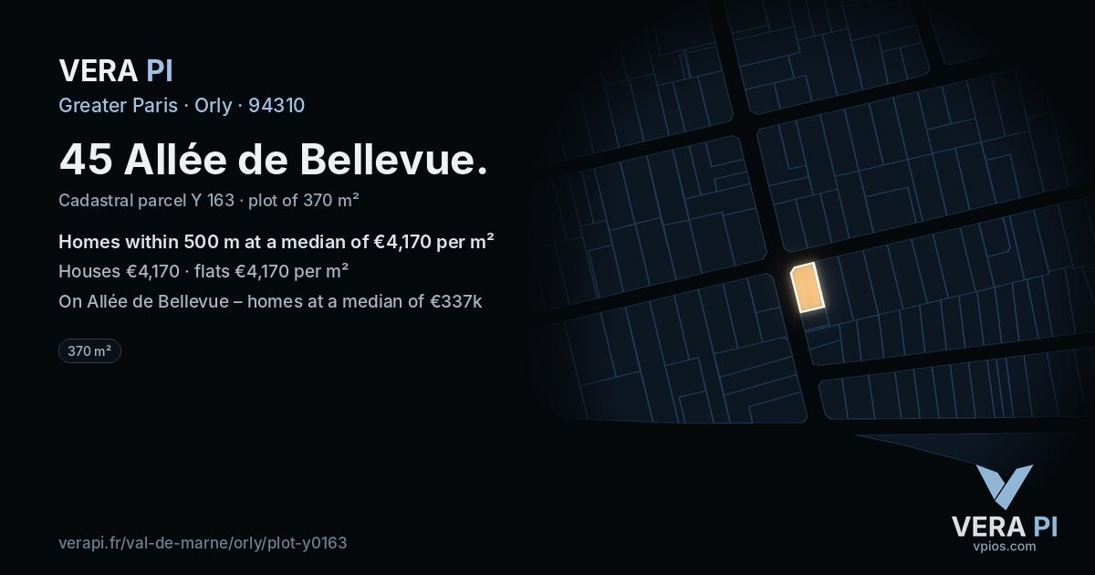 45 Allée de Bellevue, Orly at night – the plot lit, the parcels around coloured by the prices near them