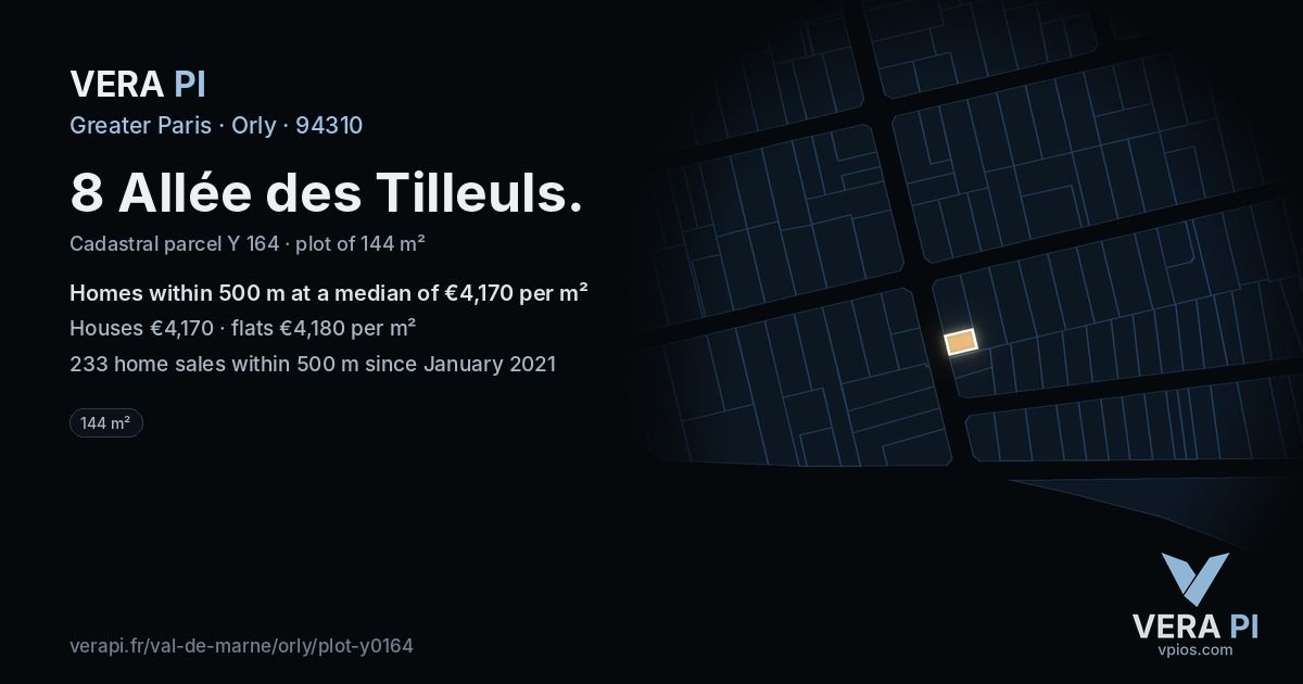 8 Allée des Tilleuls, Orly at night – the plot lit, the parcels around coloured by the prices near them