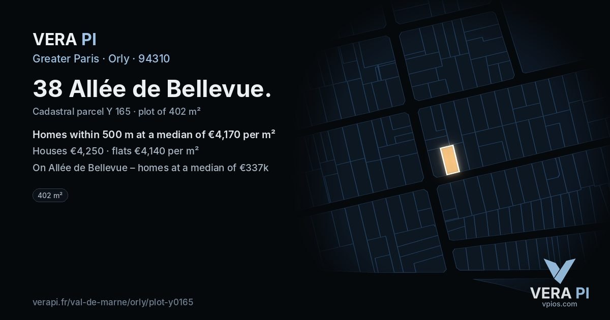 38 Allée de Bellevue, Orly at night – the plot lit, the parcels around coloured by the prices near them