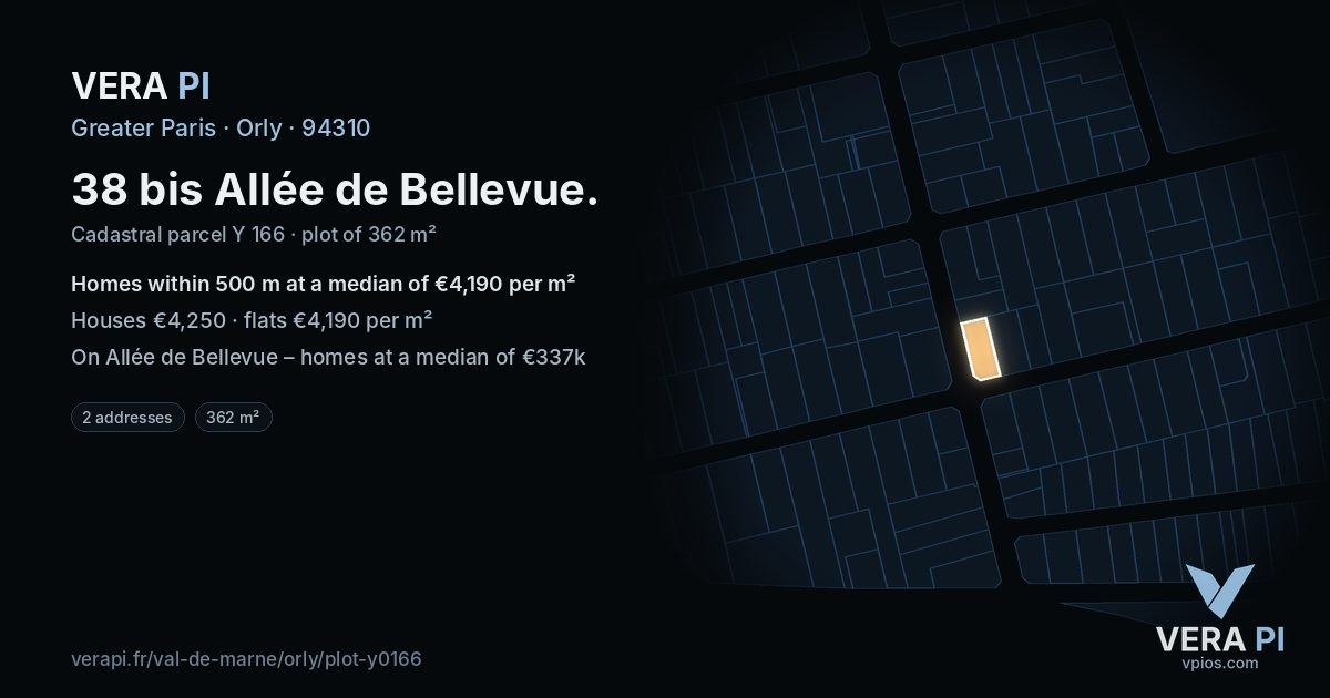 38 bis Allée de Bellevue, Orly at night – the plot lit, the parcels around coloured by the prices near them