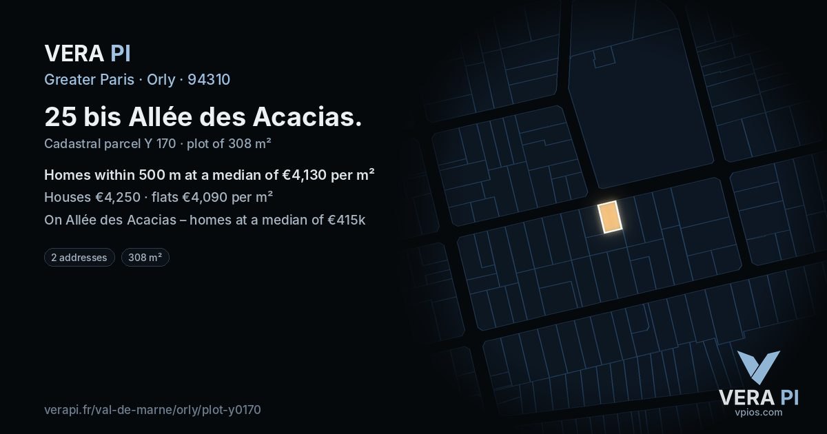 25 bis Allée des Acacias, Orly at night – the plot lit, the parcels around coloured by the prices near them