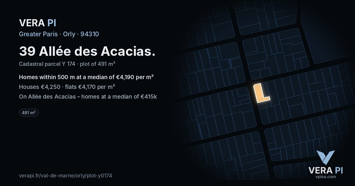 39 Allée des Acacias, Orly at night – the plot lit, the parcels around coloured by the prices near them