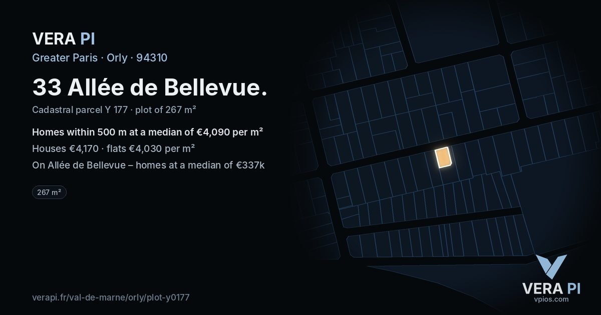 33 Allée de Bellevue, Orly at night – the plot lit, the parcels around coloured by the prices near them