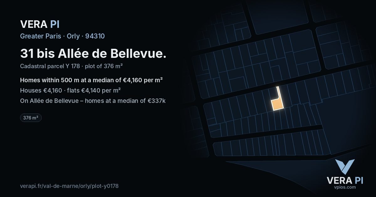 31 bis Allée de Bellevue, Orly at night – the plot lit, the parcels around coloured by the prices near them