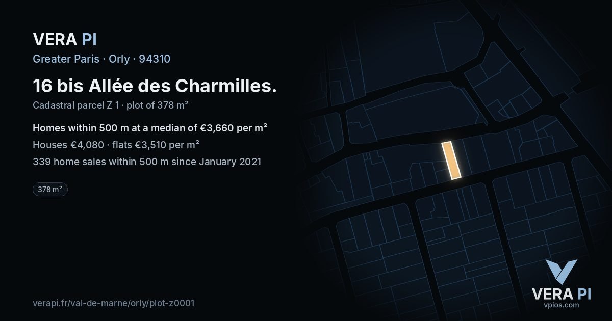 16 bis Allée des Charmilles, Orly at night – the plot lit, the parcels around coloured by the prices near them