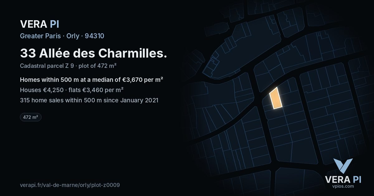 33 Allée des Charmilles, Orly at night – the plot lit, the parcels around coloured by the prices near them