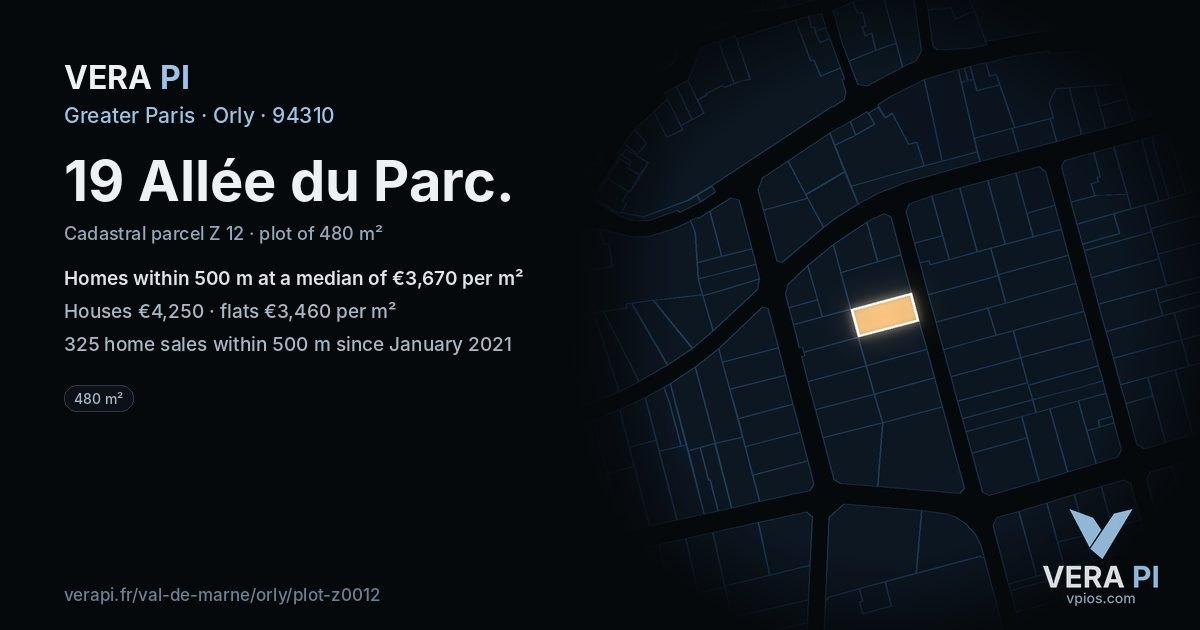 19 Allée du Parc, Orly at night – the plot lit, the parcels around coloured by the prices near them