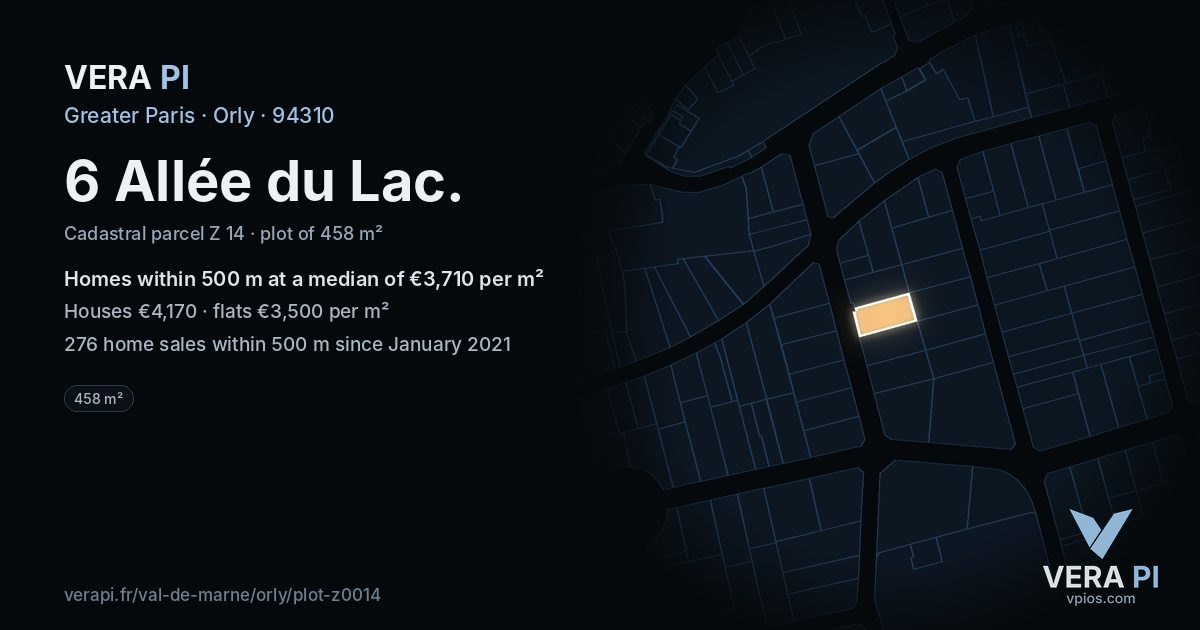 6 Allée du Lac, Orly at night – the plot lit, the parcels around coloured by the prices near them