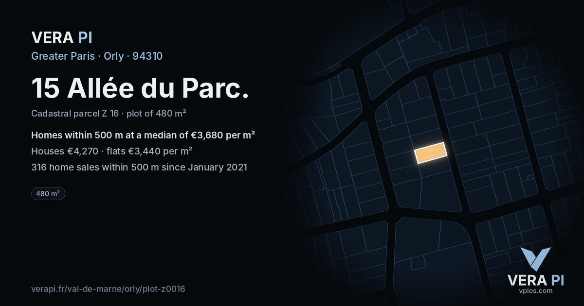 15 Allée du Parc, Orly at night – the plot lit, the parcels around coloured by the prices near them