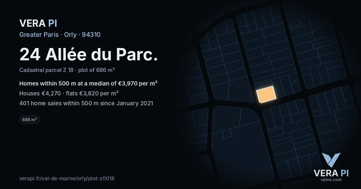 24 Allée du Parc, Orly at night – the plot lit, the parcels around coloured by the prices near them