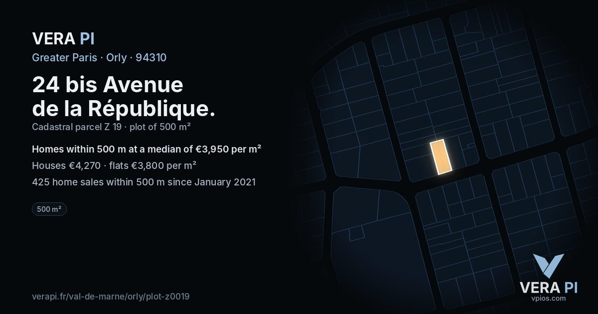 24 bis Avenue de la République, Orly at night – the plot lit, the parcels around coloured by the prices near them