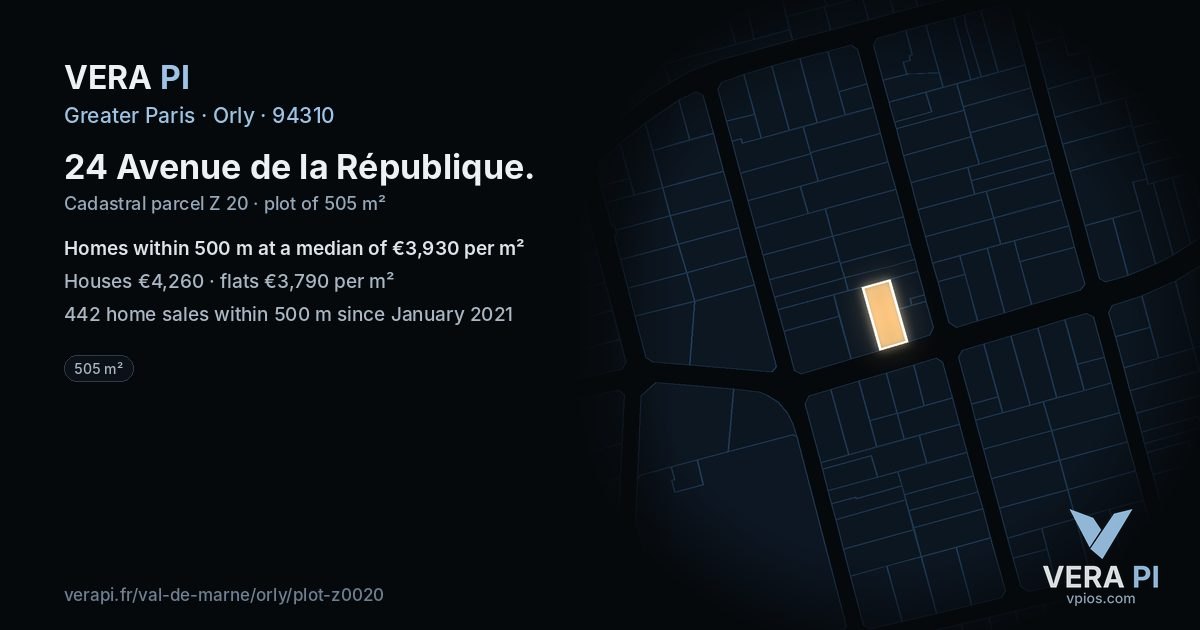 24 Avenue de la République, Orly at night – the plot lit, the parcels around coloured by the prices near them