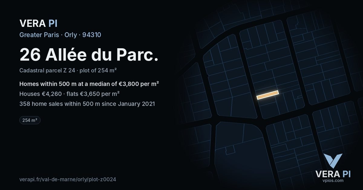 26 Allée du Parc, Orly at night – the plot lit, the parcels around coloured by the prices near them