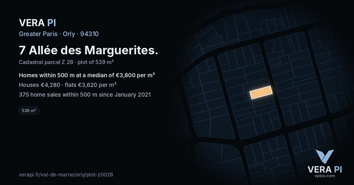 7 Allée des Marguerites, Orly at night – the plot lit, the parcels around coloured by the prices near them