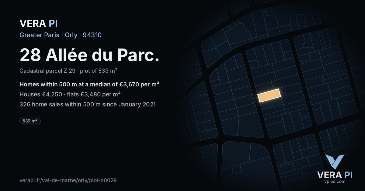 28 Allée du Parc, Orly at night – the plot lit, the parcels around coloured by the prices near them