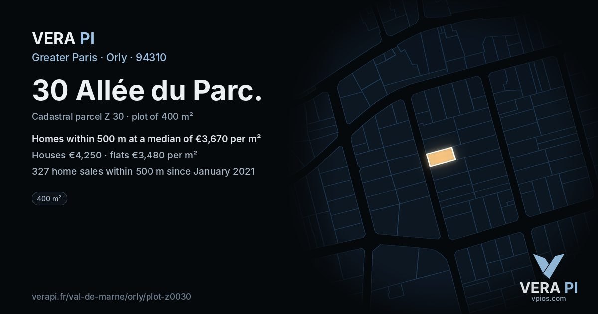 30 Allée du Parc, Orly at night – the plot lit, the parcels around coloured by the prices near them