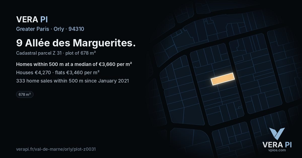9 Allée des Marguerites, Orly at night – the plot lit, the parcels around coloured by the prices near them